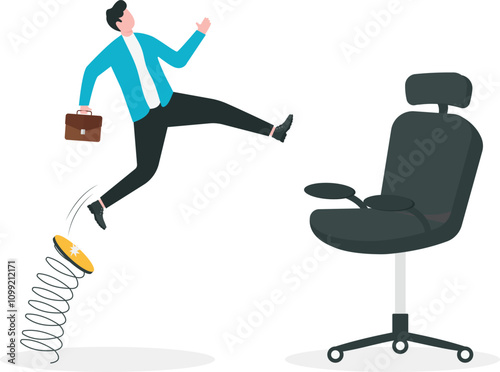 Job promotion requires educational level, positive impact of education on career development concept. Businessman jumping springboard attached to graduation cap up to higher office chair.
