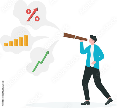 Growth business possibility, international business expansion or seeking opportunity for oversea investment concept. Visionary businessman searching into earth for future business through telescope.
