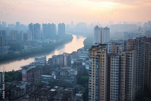 Cityscape with river and high-rise buildings during sunset