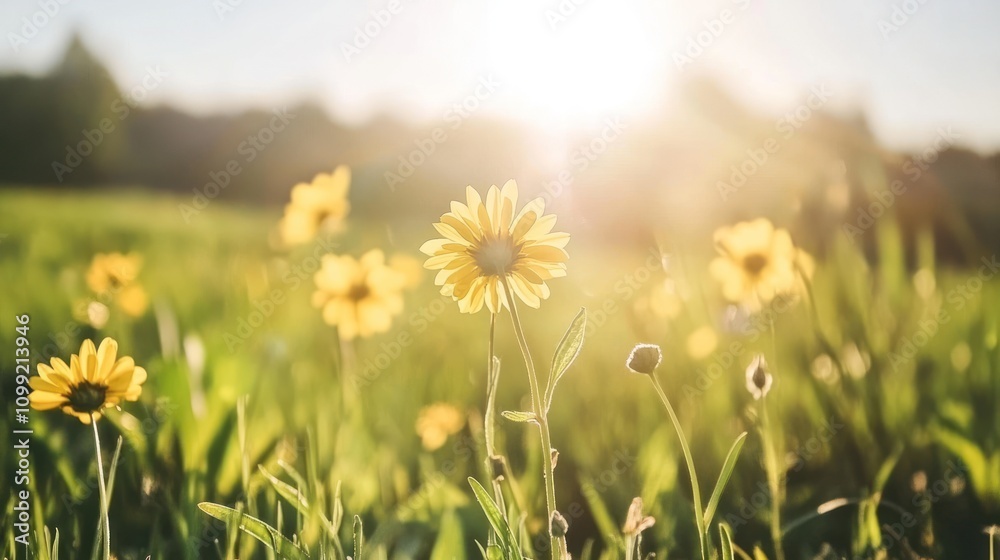 Obraz premium Yellow wildflowers in a green field with sunlight in background