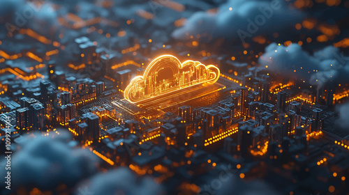 Abstract cloud computing and digital data transfer with computing networked across cities country and globe with virtualization approach isometric illustration.