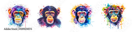 Watercolor illustration chimpanzee face with colorful splash. photo