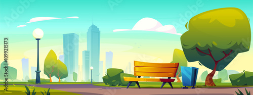 Skyline view with downtown skyscrapers behind public park. Wooden bench between decorative lamp posts, green trees and bushes. Trail leads through landscaped area with trash bin. Summer urban garden.