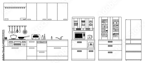 シンプルな手描き風キッチンベクターイラスト ラフ かわいい 手書き 台所 食器棚 料理 調理 冷蔵庫