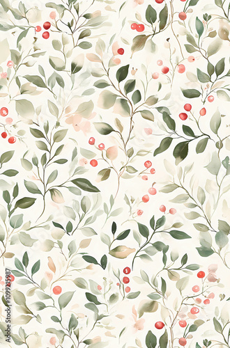 A soft and delicate watercolor pattern featuring small, gentle leaves and berries in shades of green, pink, red, and white on an off-white background