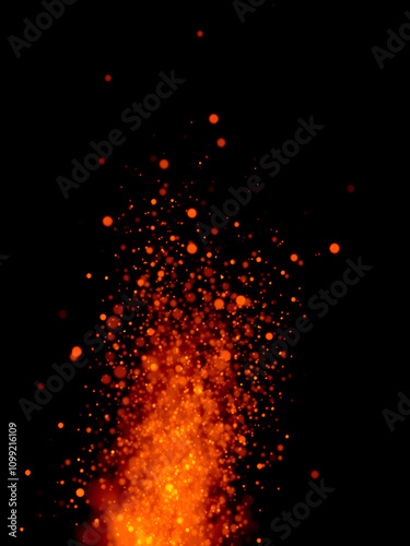 Fire embers particles over black background. Fire sparks background. Abstract dark glitter fire particles lights. photo