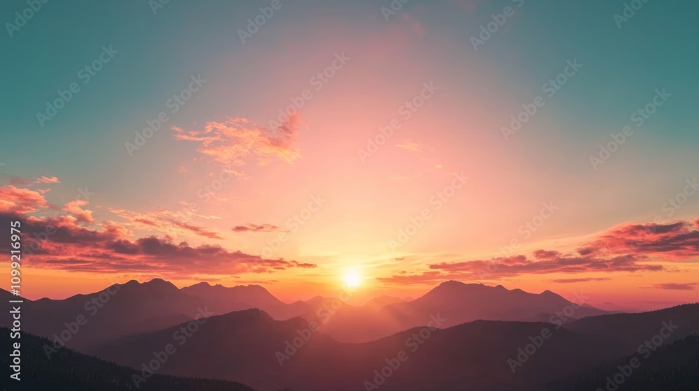 Fototapeta premium Majestic Sunset Skyscape Over Silhouetted Mountains - Perfect for Adventure Themes