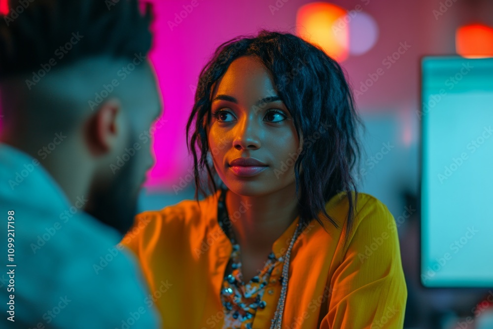 Fototapeta premium A captivating moment of conversation between two individuals in a modern setting. The emotional connection is palpable. Explore human interaction and engagement. Generative AI