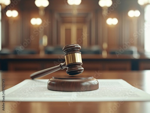 A close-up view of a judge's gavel on legal documents in a courtroom setting, symbolizing justice and law.
