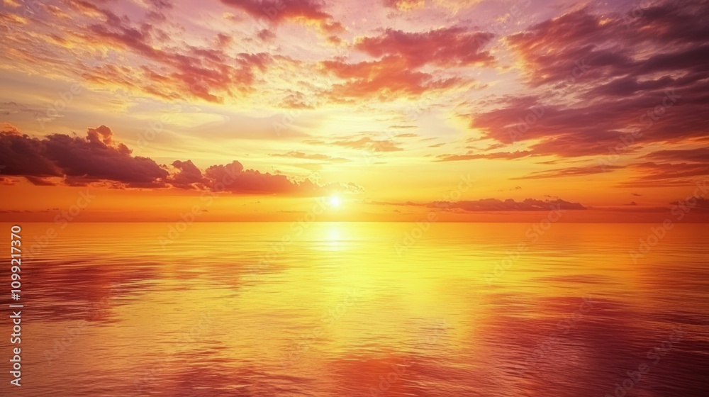 Obraz premium Serenity in Transition: Stunning Sunset Skyscape Over Calm Ocean Waters