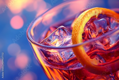 Refreshing cocktail served in a glass filled with ice and a slice of orange. The vibrant colors create a lively atmosphere. Perfect for summer gatherings. Generative AI photo