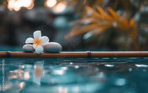 A bamboo pole placed horizontally above a serene pool, holding two smooth stones and a white frangipani flower photo