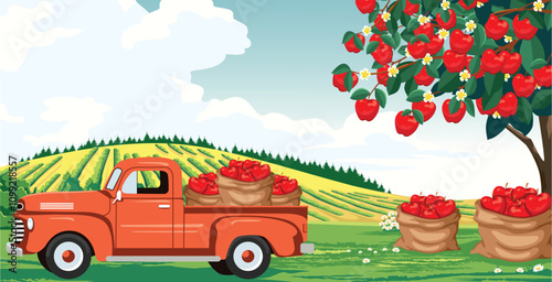 A red truck full of apples in a beautiful apple orchard.