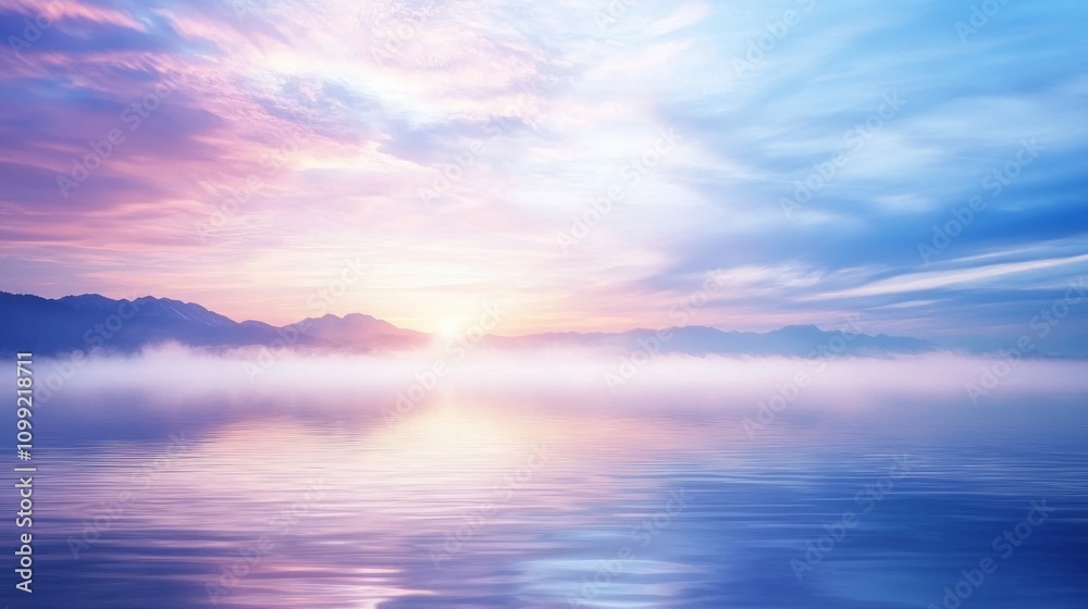 Obraz premium Serene Dawn Skyscape: Tranquil Morning Light Over Quiet Lake for Relaxation and Calm Imagery