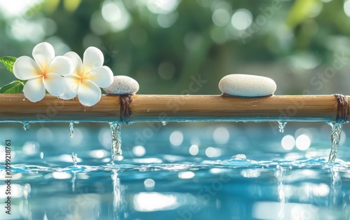 A bamboo pole placed horizontally above a serene pool, holding two smooth stones and a white frangipani flower photo