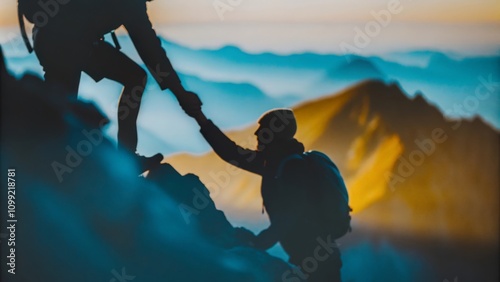 Mountaintop Unity Blur – A focused shot of a climber helping another against a misty blurred peak.
