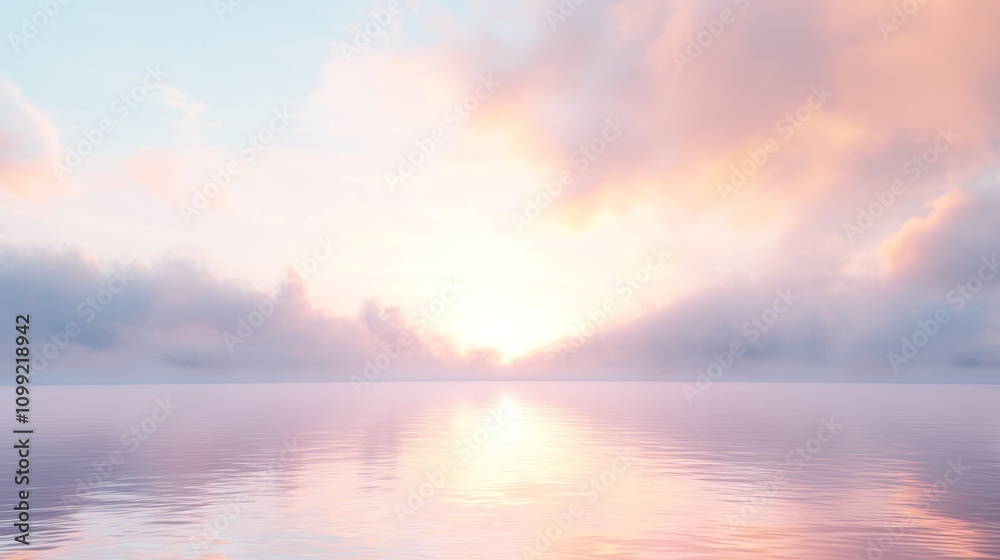 Obraz premium Serene Dawn Skyscape Over Quiet Lake - Tranquil and Calming Nature Scenery with Soft Light Breaking Through Fog for Relaxation and Mindfulness, Ultra-Detailed