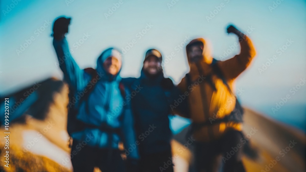 Fototapeta premium Summit Companion Blur – A blurred horizon showcasing camaraderie on a mountaintop. 