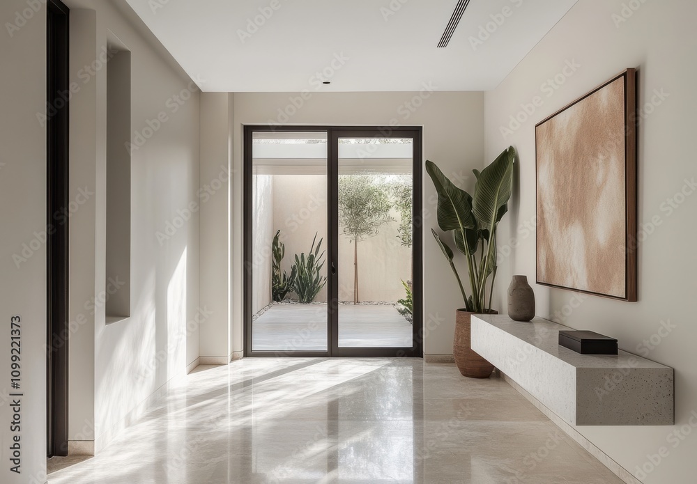 Obraz premium Elegant Modern Hallway with Natural Light and Indoor Plants, Featuring a Stylish Console Table, Contemporary Art, and Minimalist Design Elements