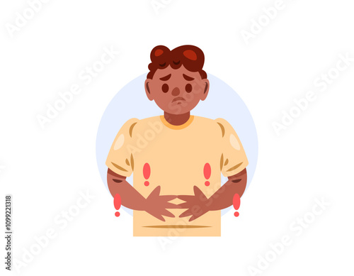 illustration of a boy feeling unwell in his stomach. uncomfortable. symptoms of diarrhea, ulcers, stomach ache, indigestion. health problems. gesture and expression. flat style character design
