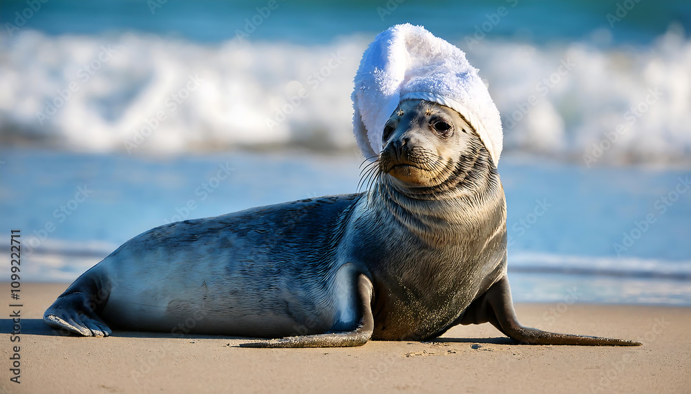 Fototapeta premium Adorable Baby Seal Relaxing by the Ocean with a Towel on Its Head