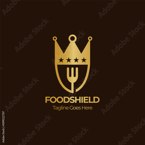 Luxury and elegant food shield logo template. Creative fork and crown vector illustration.