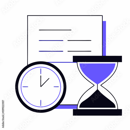 Clock and hourglass with document in abstract design.