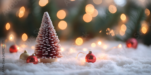 Miniature Christmas Tree with Lights and Snowy Background