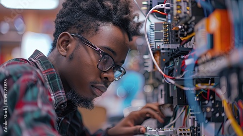 A Black Student Engaged in a Robotics Project, Highlighting the Importance of STEM Education and Promoting Inclusivity in Learning Advanced Technology Skills for Future Innovation