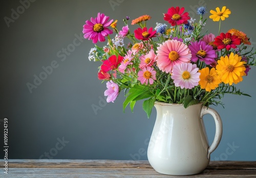 Wallpaper Mural Vibrant Mixed Flower Arrangement in Cream Pitcher on Rustic Wood Table Surrounded by Soft Gray Background, Perfect for Nature and Home Decor Themes Torontodigital.ca
