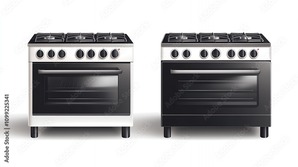 Obraz premium Two freestanding ranges, one white and one black, offer stylish kitchen options.