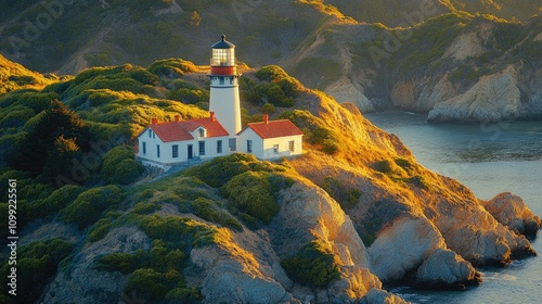 A lighthouse sits on a rocky hillside.