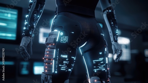 A futuristic medical exoskeleton powered by AI that aids patients in rehabilitation. The sleek, glowing design monitors and enhances movement.