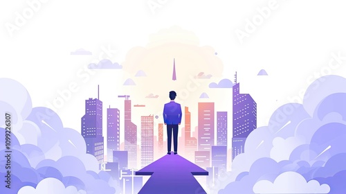 Businessman Standing Confidently on an Upward-Pointing Arrow with a City Skyline in the Background, Representing Growth and Success in a Clean, Flat Vector Illustration Style
