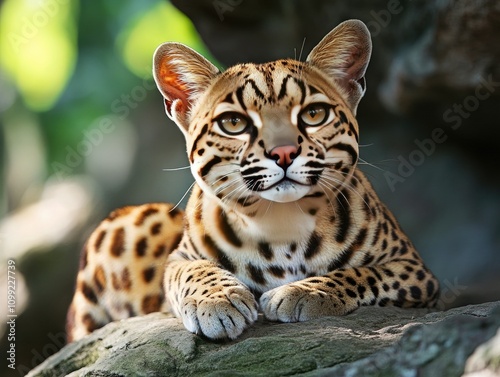  A resting leopard in savannah.