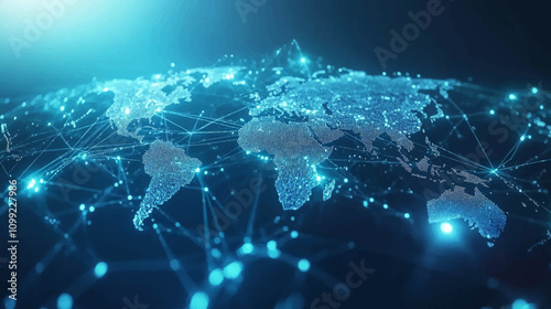 Dynamic digital world map emphasize Western Europe continental for AI powered global network connectivity big data transfer cyber technology network information exchange and telecommunication concept.