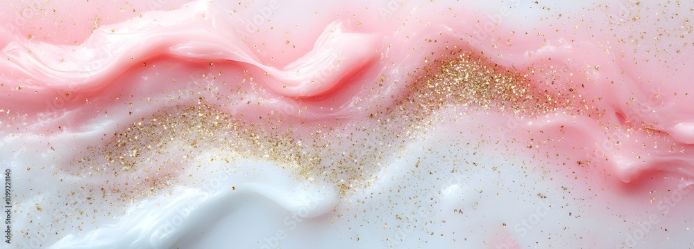 Obraz premium A pastel pink and white gradient background with subtle golden sparkles, with plenty of clear space for showcasing products in the center.