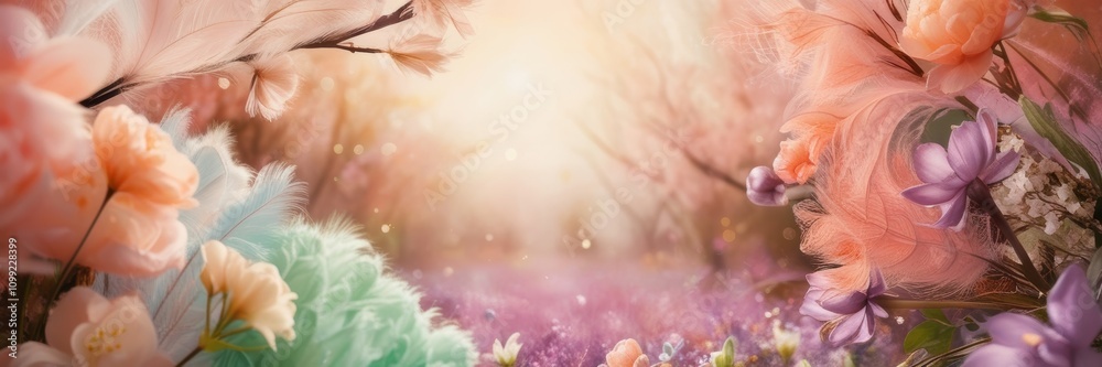 Fototapeta premium Blossom tree bush over nature blurred background. Spring flowers. Spring summer border template floral background with copy space. Website banner wide
