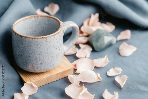 A still life featuring a wooden yoga block, a hand-painted ceramic bowl, and a jade crystal, arranged with flower petals.