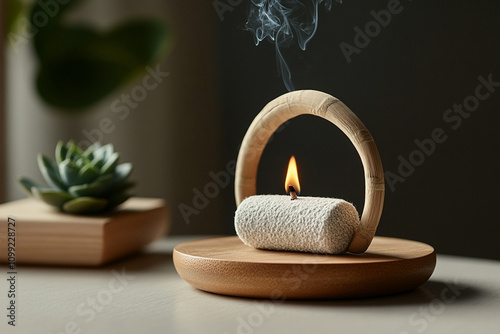 A still lifes with wooden yoga blocks, hand-painted ceramic bowls, jade crystals and incense sticks.