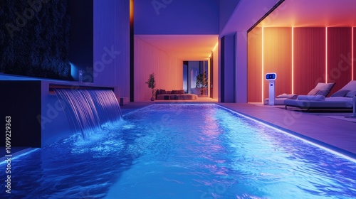 A futuristic smart home pool area with automated cleaning systems, AI-powered temperature control, and smart lights integrated into the pool walls.