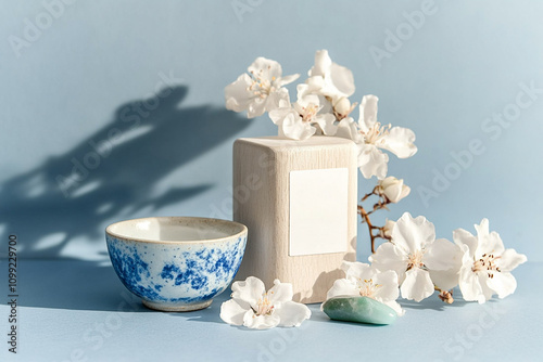 Still life with wooden yoga blocks, hand-painted ceramic bowls, jade crystals and beautiful flowers.