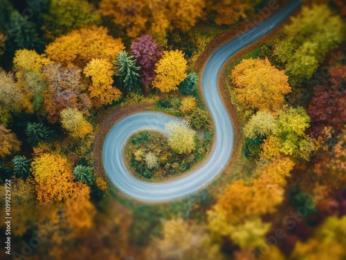  A winding road curves through the forest land. 