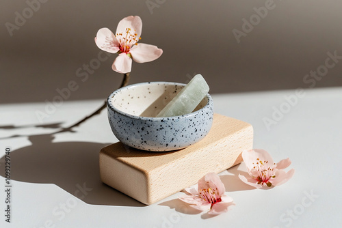 Still life with wooden yoga blocks, hand-painted ceramic bowls, jade crystals and beautiful flowers.