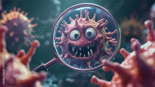 Evil microbe bacterium under a magnifying glass.

 photo