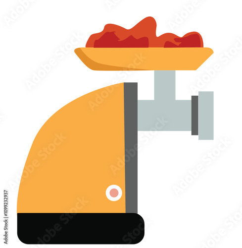  meat grinder. Grinding raw pork or beef into mince using kitchen electric appliance.