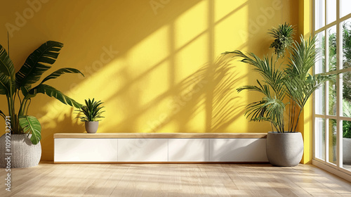 3D Realistic white and yellow scenes on a floor table background with a shadow of palm leaves from windows. Premium podium for advertising product. Empty showcase for cosmetic product presentation.