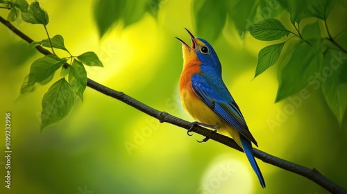 Vibrant Songbird Singing on Branch – Serene Forest Setting with Sunlight and Lush Greenery photo