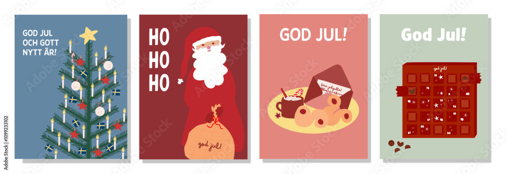 Fototapeta premium Set of Swedish Christmas card. Swedish text with Swedish flags in Christmas tree and saffron buns - lussekatter.