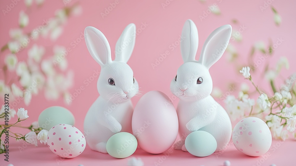 Obraz premium Cute bunnies and easter eggs on isolated background 